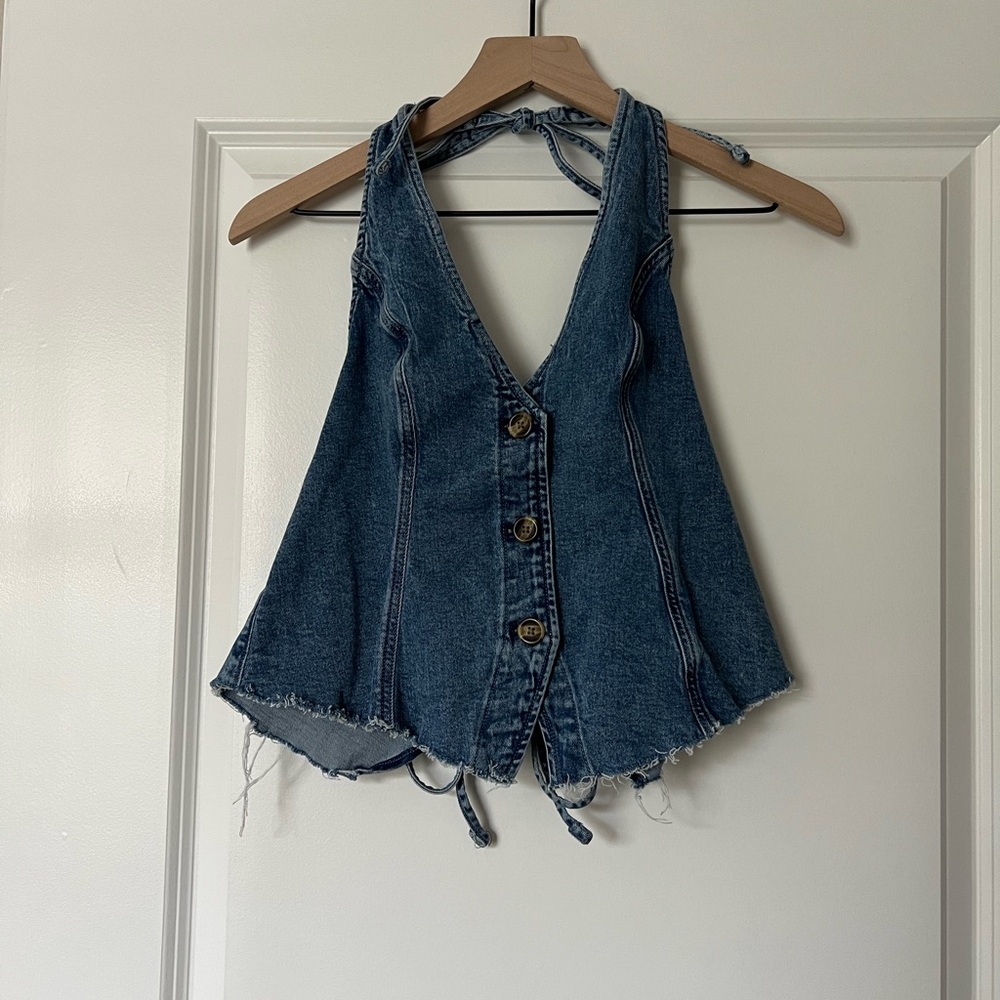 American Eagle Outfitters Blue Denim Button-Up Halter Top